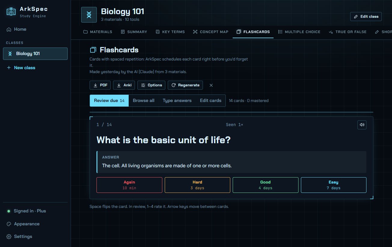 ArkSpec Study Engine showing AI-made flashcards for a Biology class