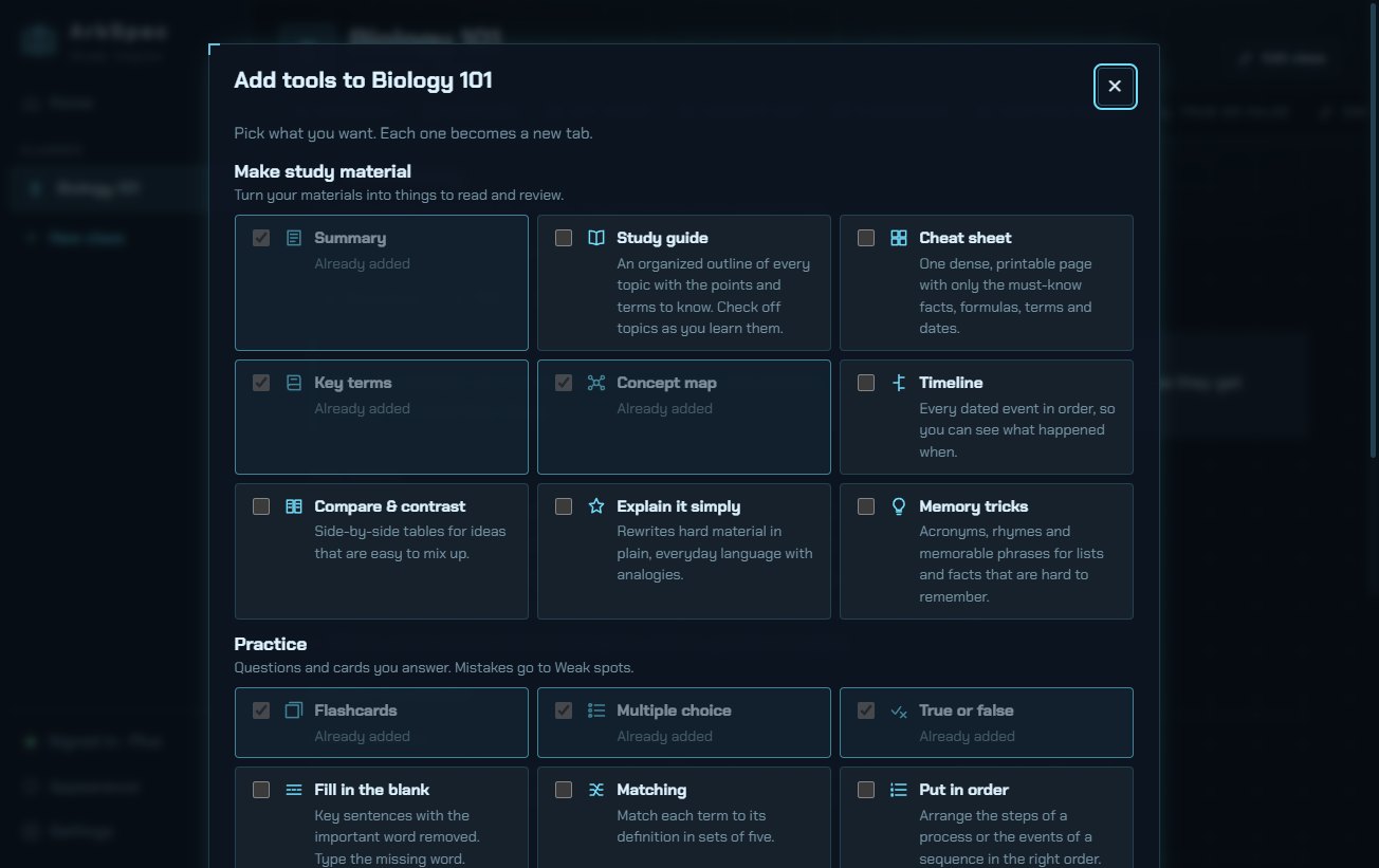 Choosing which study tools to add to a class